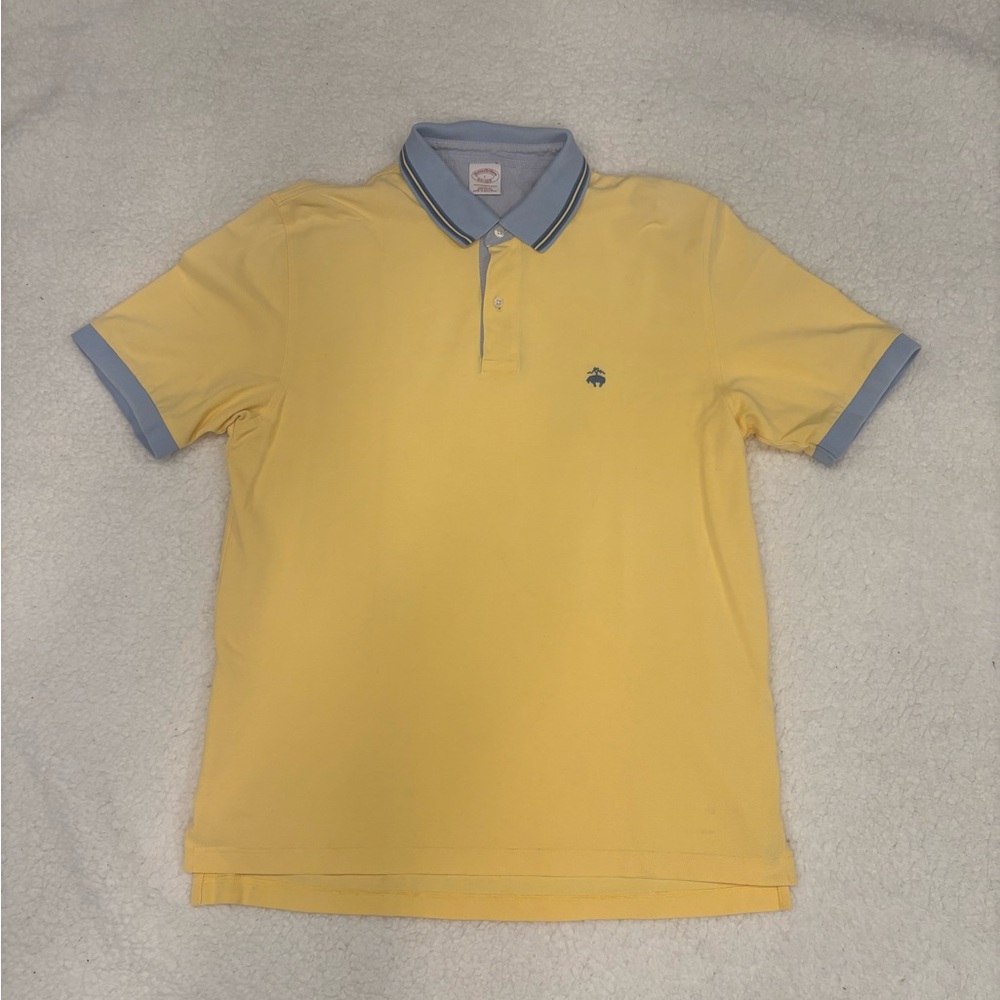 Brooks Brothers Polo Shirt Large Yellow Blue Trim 100% Cotton Classic
